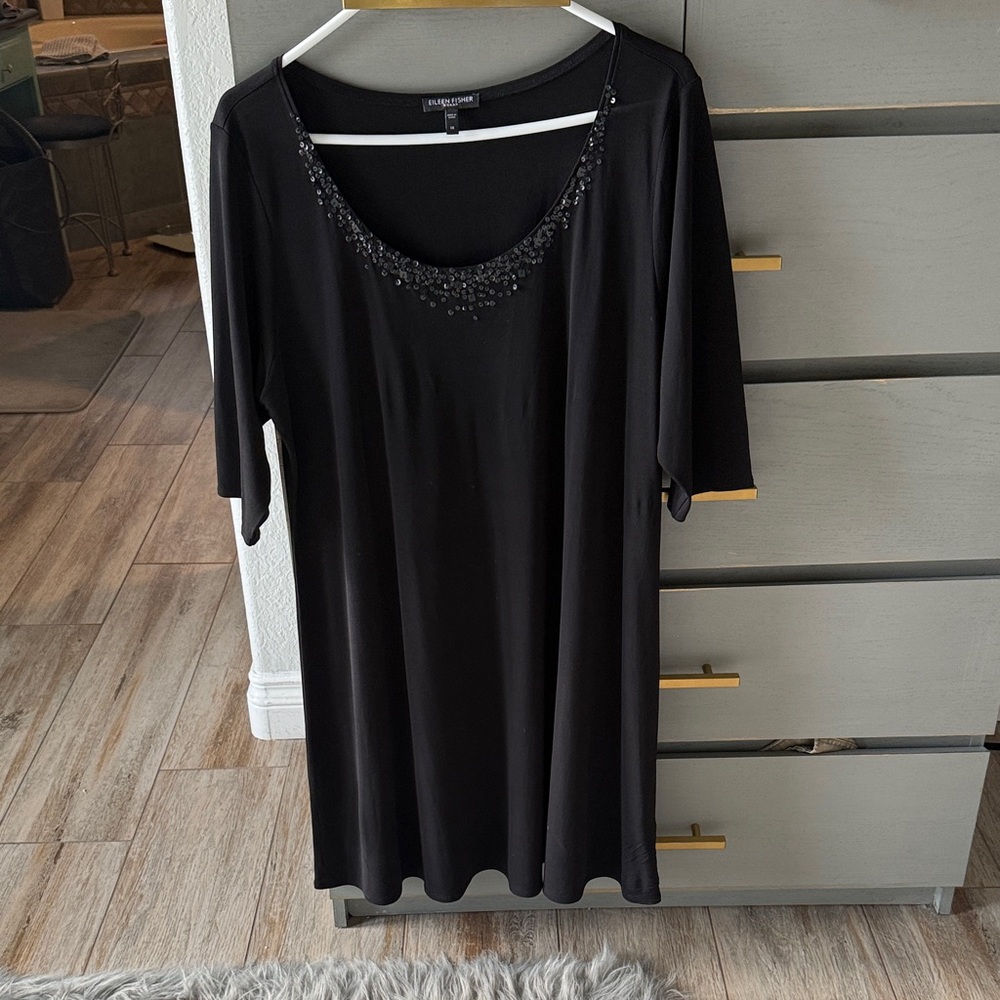 Eileen Fisher Black Dress with Embellished Neckline. 100% silk